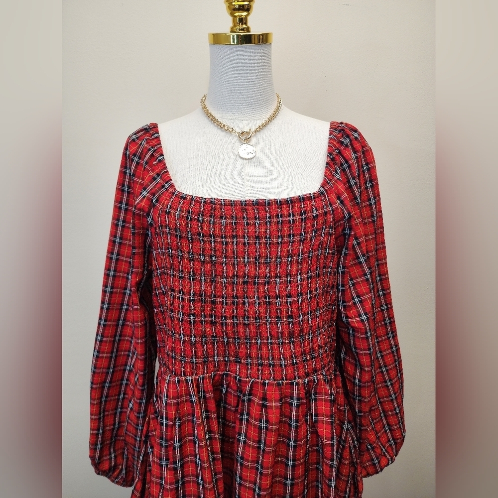 Red Plaid Midi Long Sleeve Dress, Size Xlarge - Picture 2 of 10